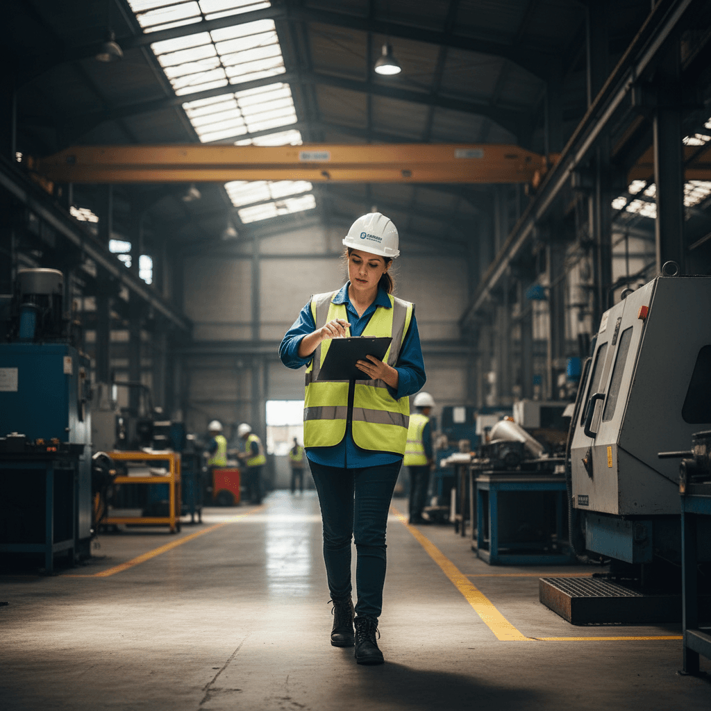 Safety consultant inspecting a manufacturing facility