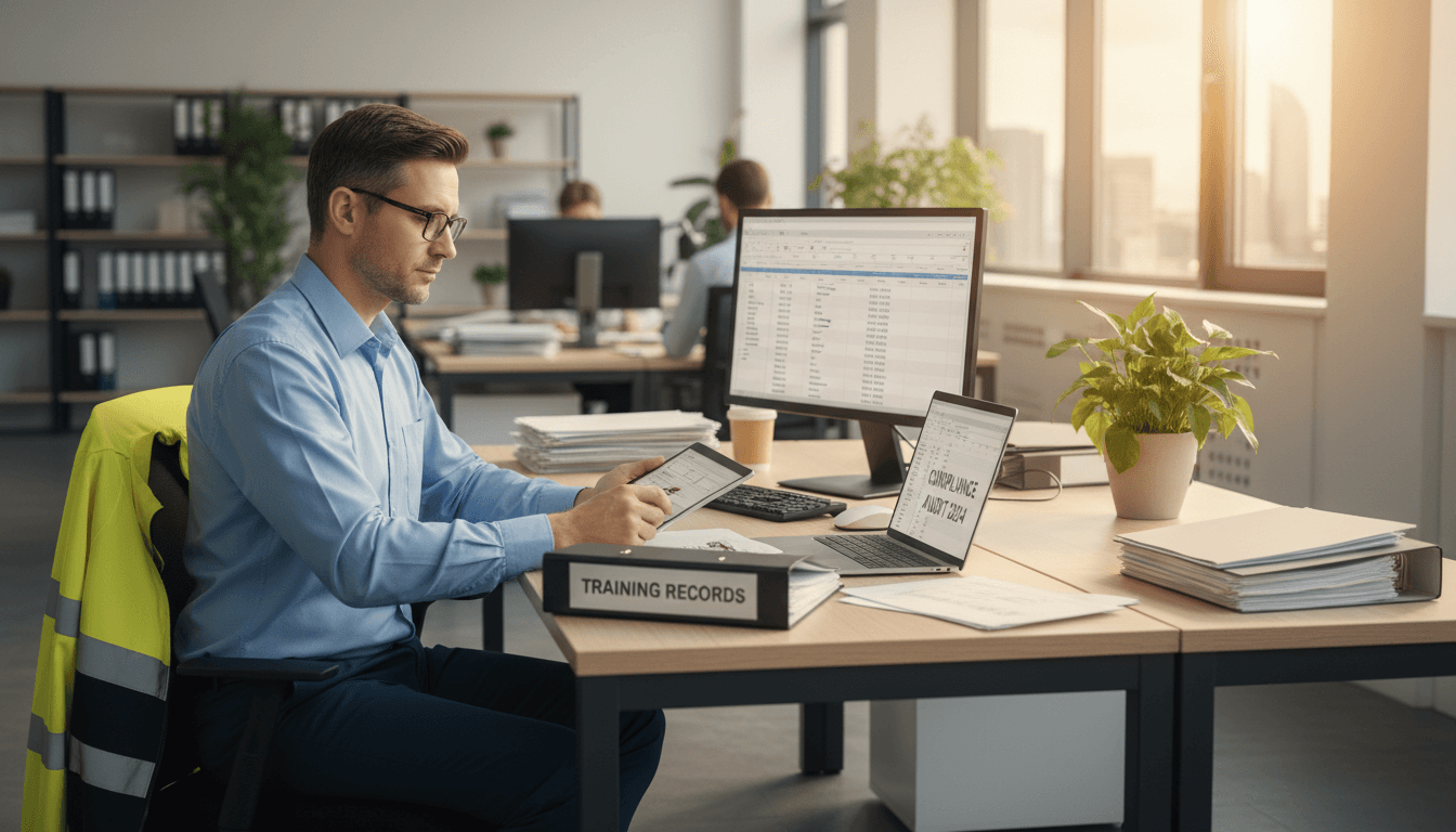 safety consultant reviewing training records and compliance documents in bright office