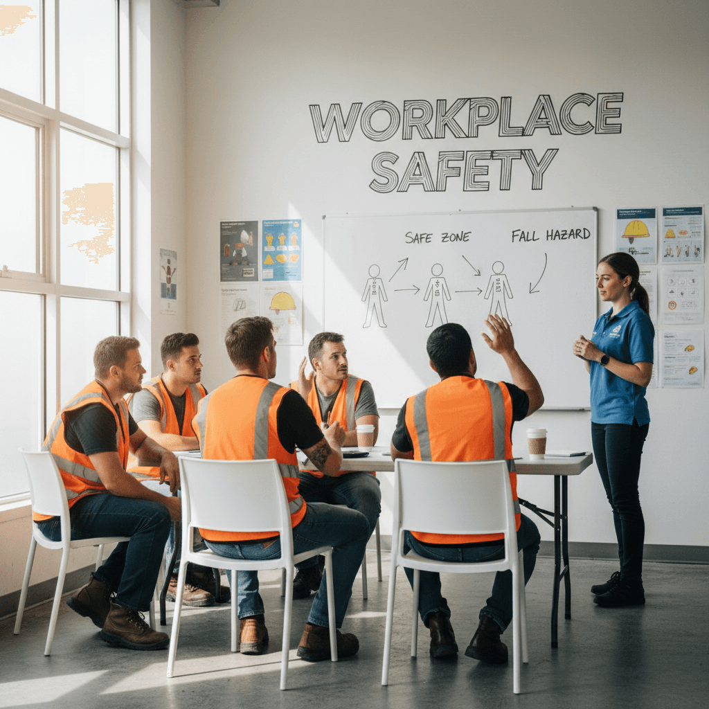 Warm documentary style, medium shot of a small group of workers in high-vis vests sitting on plastic chairs in a clean training room, looking at a safety consultant standing near a whiteboard with simple diagrams drawn.