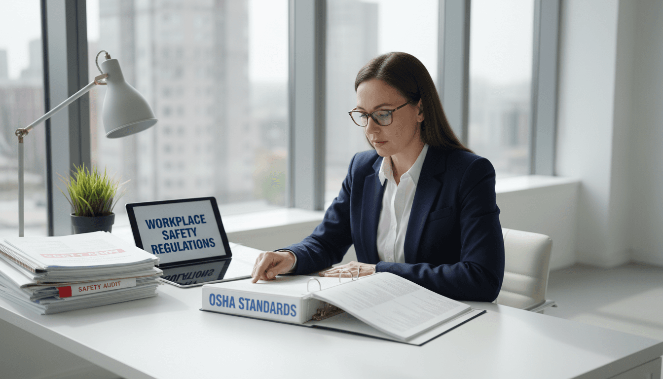 professional safety consultant in modern office with osha regulations and documents on desk