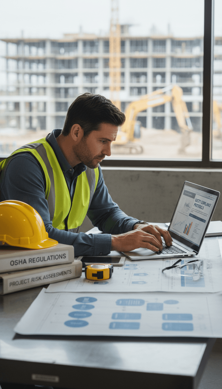 professional working on a laptop with safety compliance documents and hard hat on desk