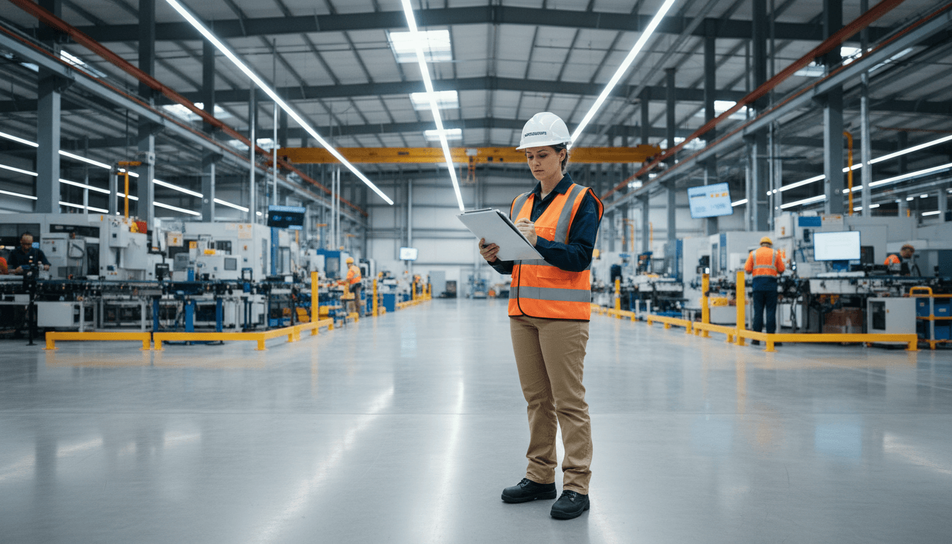 modern professional safety inspector in hard hat reviewing clipboard in bright industrial facility
