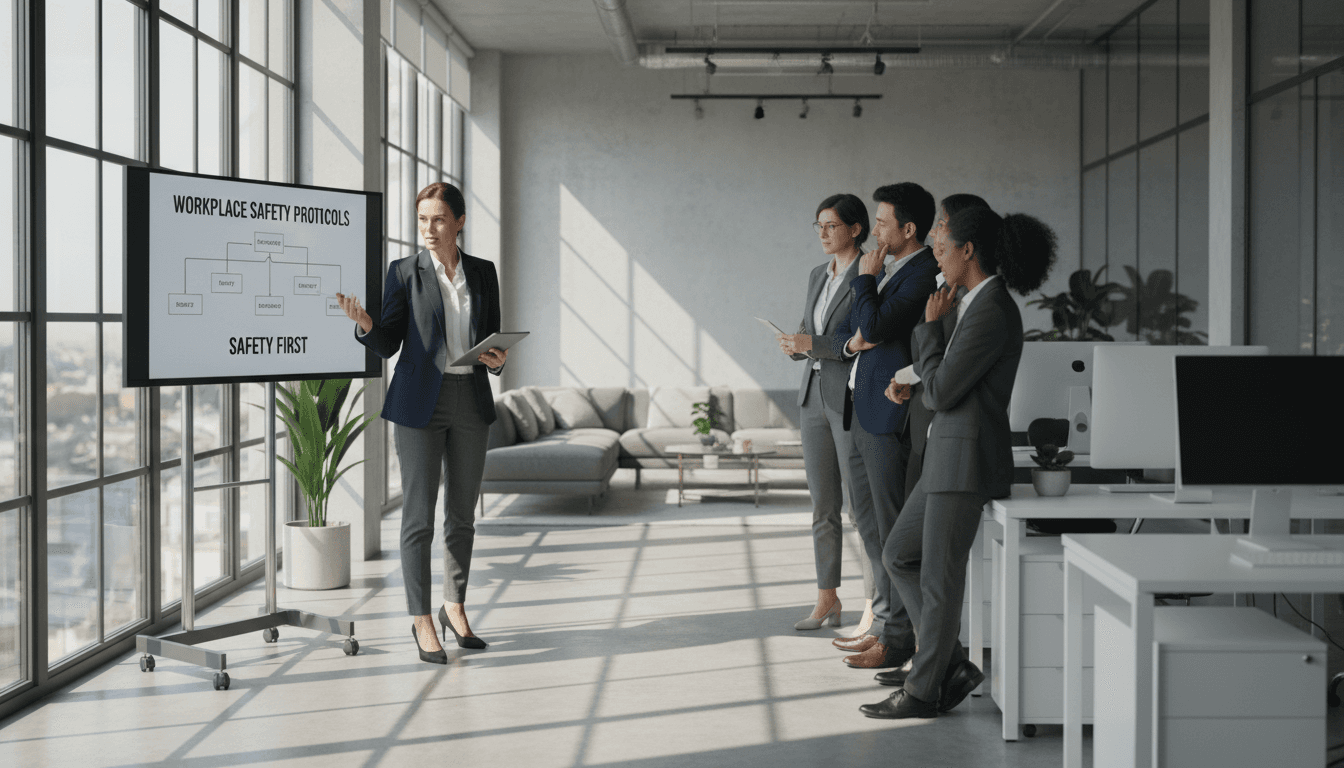 professional safety consultant in modern office with natural lighting and laptop on desk