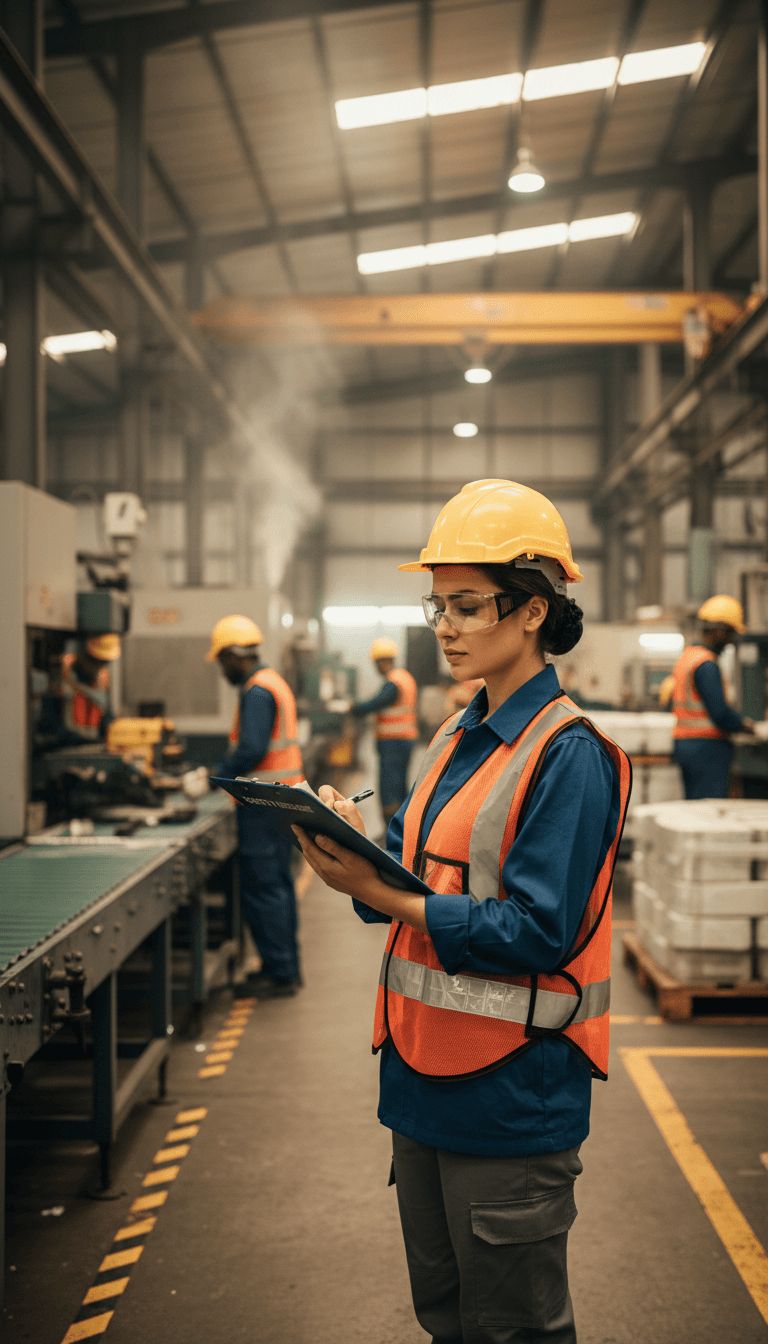 safety consultant reviewing clipboard checklist in industrial facility
